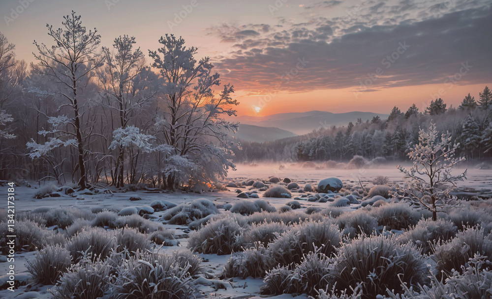 Poster snowy field with trees in the background and a sun setting in the distance. the sky is a mix of blue