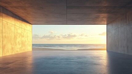 Empty concrete structure overlooking a beach at sunset.