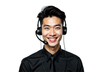 Friendly Asian call center operator portrait, isolated on transparent background. Professional headshot of smiling young man with headset for customer service, tech support, and online meetings.