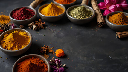 Colorful Bowls of Spices with Decorative Flowers on Dark Background
