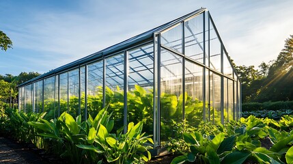 Fototapeta premium Modern Glasshouse with Lush Tropical Plants, Sunlight Filtering Through Leaves