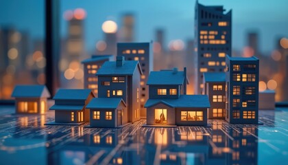Miniature house models on tech circuit board surface, blurred building background. Real estate investing in innovative tech, property management, smart home automation, digital home control concept.