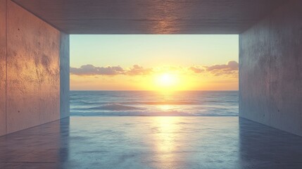 Empty concrete tunnel opening to sunset over ocean.