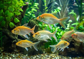 A group of golden adolescent fish swimming in an aquarium, surrounded by green plants and rocks on the bottom. The water is clear with small bubbles visible at times. There are some wooden branches 