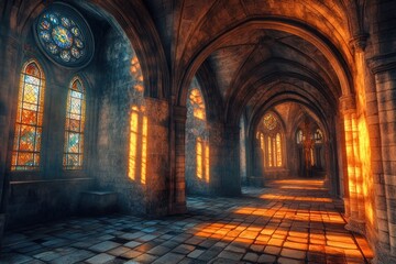 Obraz premium Sunlit Gothic cathedral hallway with stained glass.