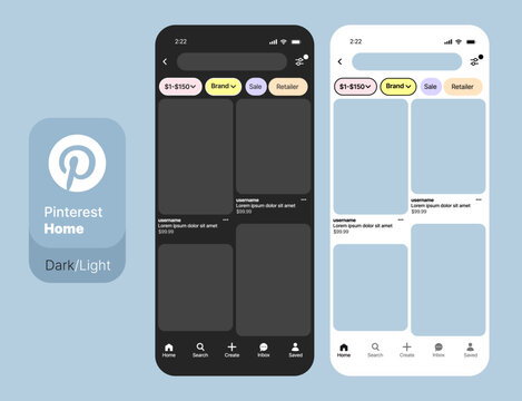 Pinterest UI mockup template. Visual discovery platform layout with pin board, user profile, and search interface. Website and mobile app design for inspiration and content sharing.
