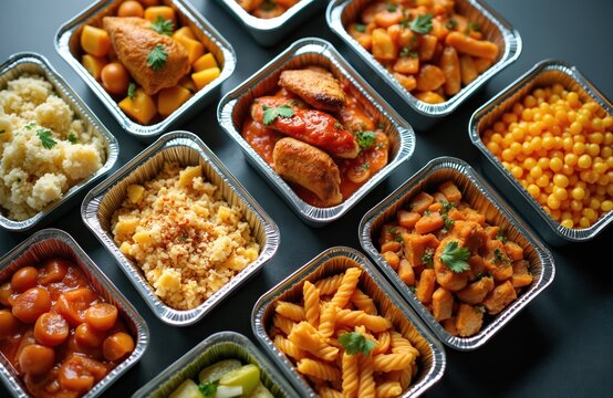 Top view of business lunch in foil container ready for delivery. Office lunchboxes with different meals pasta, couscous, carrot, chicken, vegetables. Corporate catered dietary organic tasty food.