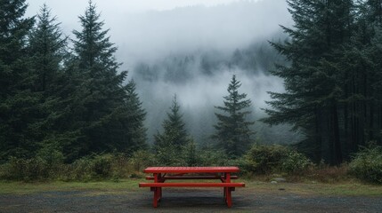Obraz premium Red picnic table in a misty forest. Foggy mountain landscape with evergreen trees and a solitary red picnic table.
