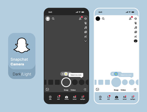 Snapchat camera UI mockup template. Social media app interface and augmented reality lens design. Snapchat story, chat, and profile layout for mobile app and online communication.