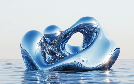 Abstract chrome sculpture floating on water, tranquil scene