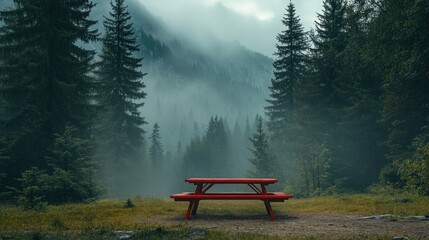 Obraz premium Red picnic table in a misty mountain forest.
