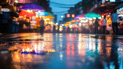 Obraz premium Rainy night market street scene, colorful umbrellas, blurry lights reflection on wet ground.