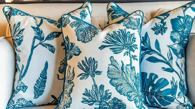 Beautifully designed cushions featuring botanical patterns in vibrant teal on a neutral background in a cozy living room setting