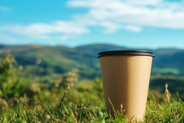Obraz premium Brown paper cup disposable eco friendly material mockup on grass mountain hill and blue sky