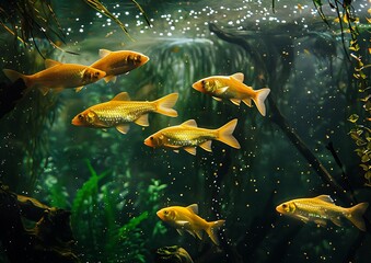 A group of golden adolescent fish swimming in an aquarium, surrounded by green plants and rocks on the bottom. The water is clear with small bubbles visible at times. There are some wooden branches 