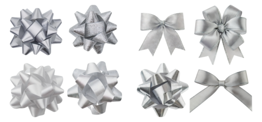 Various Silver Bows and Ribbons for Gift Wrapping and Decorations, Isolated on Transparent Background