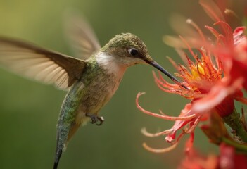 Fototapeta premium A hummingbird perched on a blooming flower with its beak inserted into the petal.