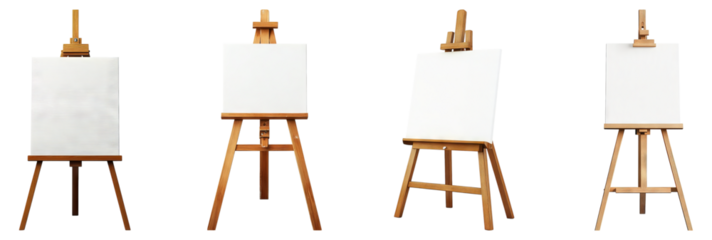 Four Empty Wooden Easels Ready for Artistic Creations and Paintings, Isolated on Transparent Background