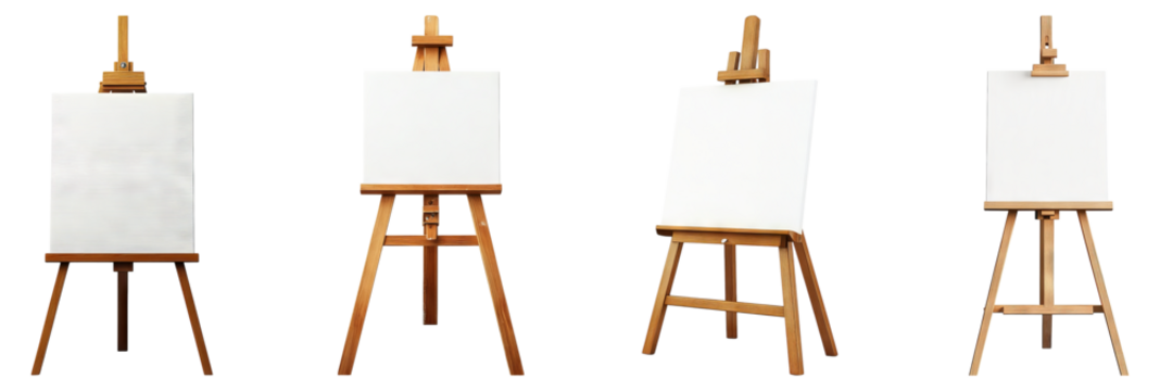Four Empty Wooden Easels Ready for Artistic Creations and Paintings, Isolated on Transparent Background