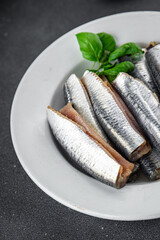 Sardines salted fish delicious gourmet food background on the table rustic food top view copy space vegetarian food pescetarian diet