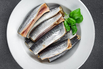 Sardines salted fish delicious gourmet food background on the table rustic food top view copy space vegetarian food pescetarian diet