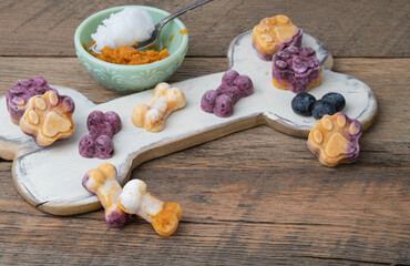 Frozen dog treats made with colorful blueberries, pumpkin, yogurt, and coconut oil on a bone shape...