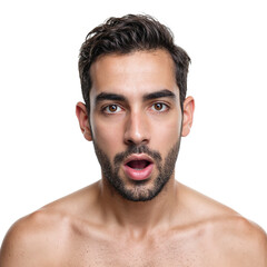 Portrait of a Middle Eastern man looking shocked with raised eyebrows and open mouth isolated on white background