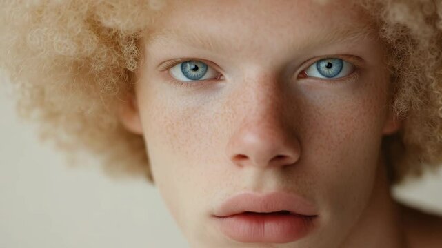 A young man with albinism poses confidently against a neutral background, highlighting his striking blue eyes and naturally light hair
