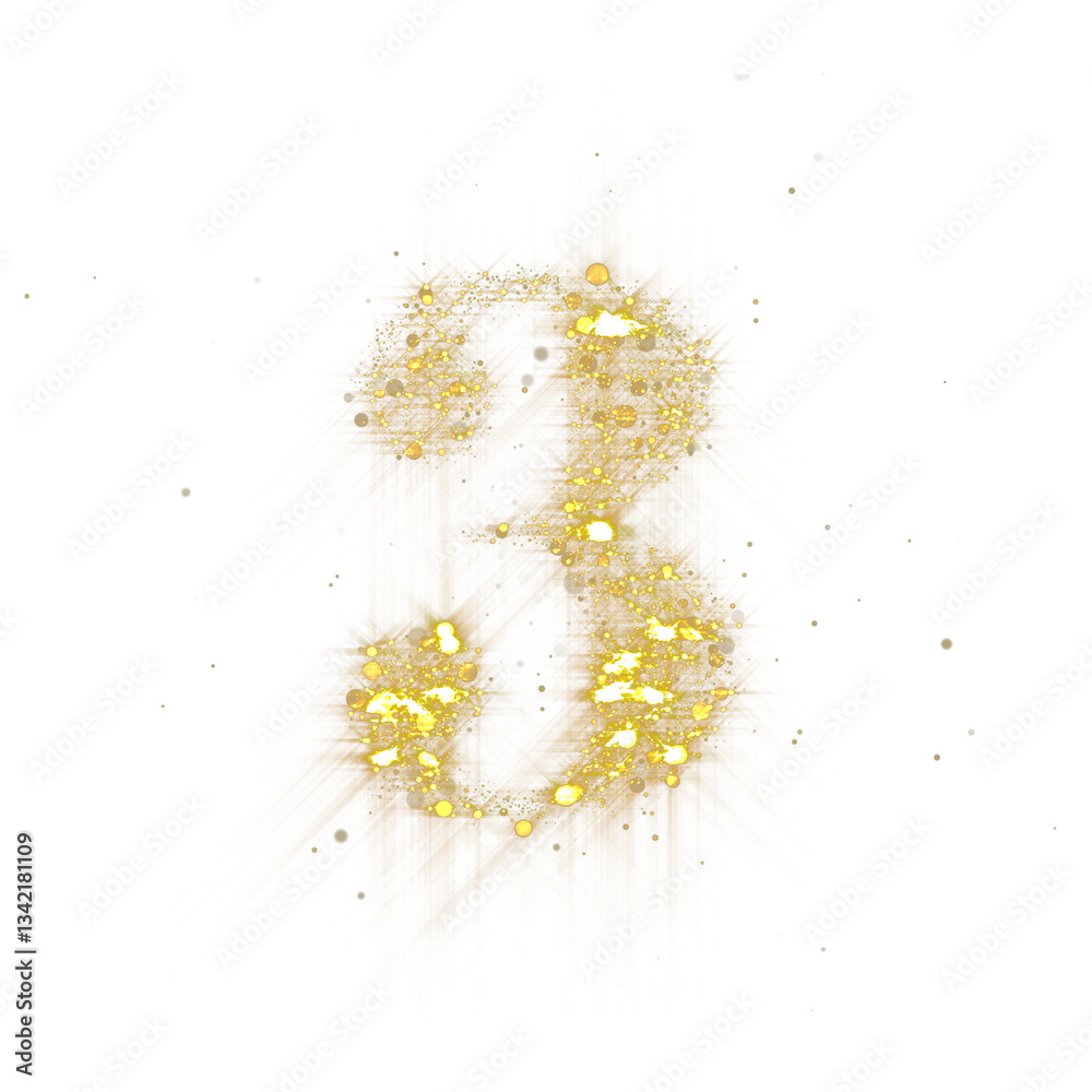 Poster Golden glitter number 3. Number three of shimmering sequins and glow sparkles on transparent background. PNG
