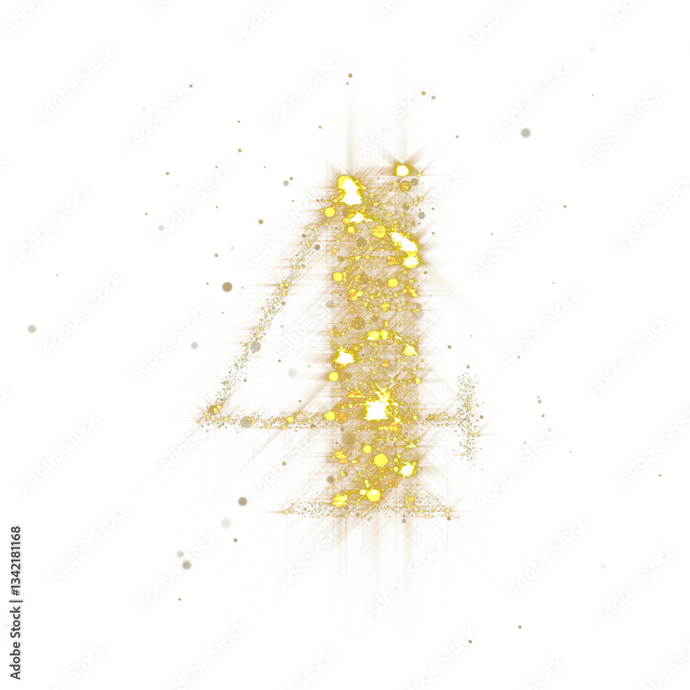 Poster Golden glitter number 4. Number four of shimmering sequins and glow sparkles on transparent background. PNG