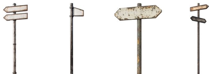 Obraz premium Vintage Directional Signage on Weathered Poles in Urban Environment, Isolated on Transparent Background
