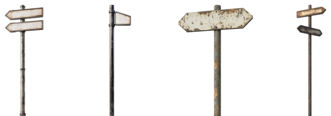 Vintage Directional Signage on Weathered Poles in Urban Environment, Isolated on Transparent Background