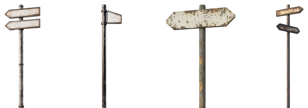 Vintage Directional Signage on Weathered Poles in Urban Environment, Isolated on Transparent Background