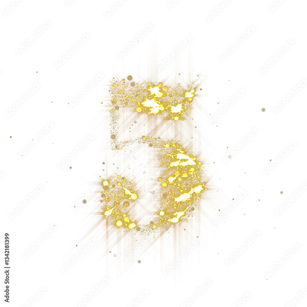 Poster golden glitter number 5. number five of shimmering sequins and glow sparkles on transparent backgrou