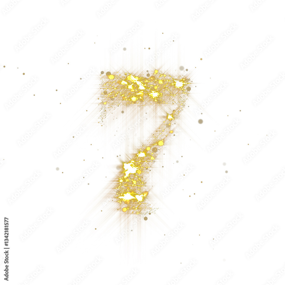 Aufkleber golden glitter number 7. number seven of shimmering sequins and glow sparkles on transparent backgro
