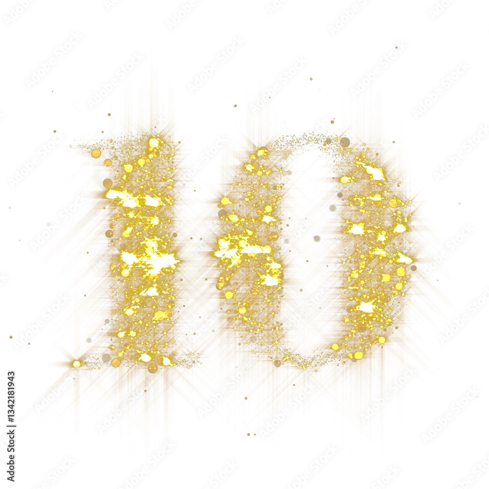 Poster Golden glitter number 10. Number ten of shimmering sequins and glow sparkles on transparent background. PNG