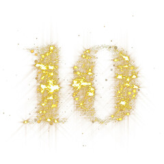 Golden glitter number 10. Number ten of shimmering sequins and glow sparkles on transparent background. PNG