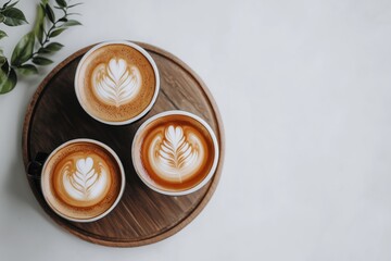 Coffee lover. Top view of hot coffee cup with foam in barista style on white background. top view. flat lay. mockup for design