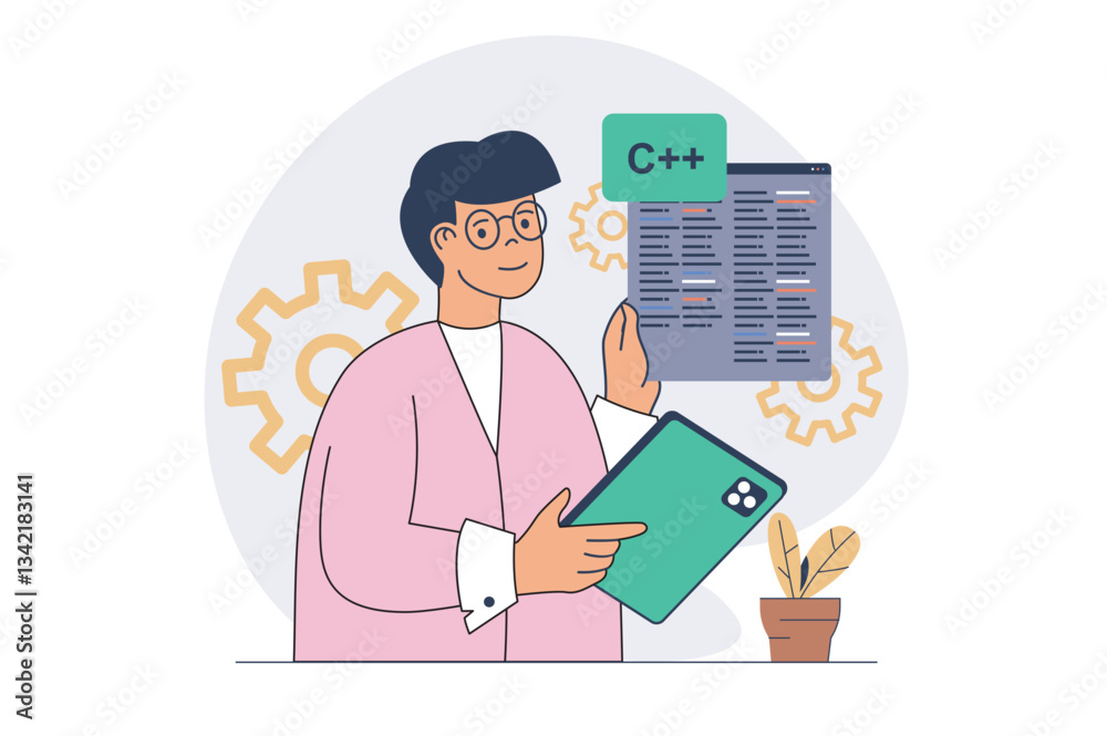 Fototapete App development concept with cartoon people in flat design for web. Man developer programming software and mobile application, coding at screen, analyzing and testing program. Vector illustration.