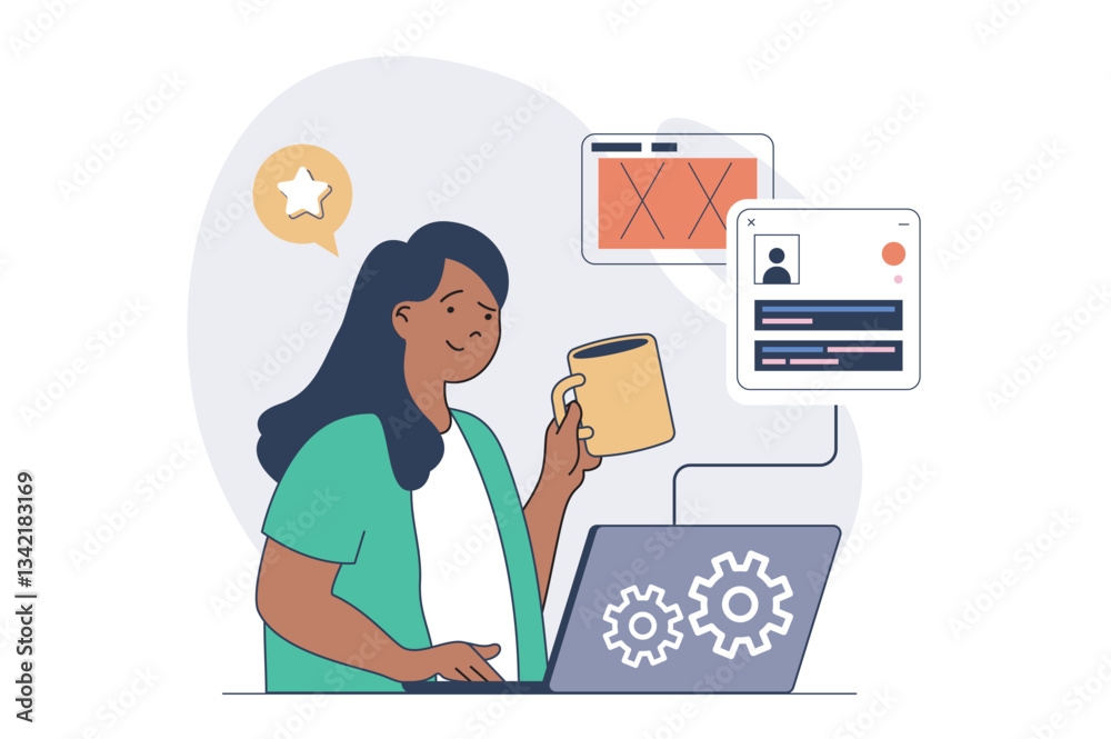Leinwandbilder App development concept with cartoon people in flat design for web. Woman programming mobile application, working with code at laptop and creating responsive webpage layouts. Vector illustration.