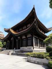 A traditional Asian temple with ornate architectural details and a serene garden setting, ideal for travel brochures, cultural articles, or architectural features,