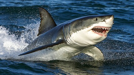Naklejka premium Great white shark breaching the ocean surface its jaws wide open in a powerful display of natures raw energy