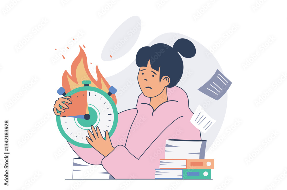 Poster deadline concept with cartoon people in flat design for web. woman doing urgency paperwork while tim
