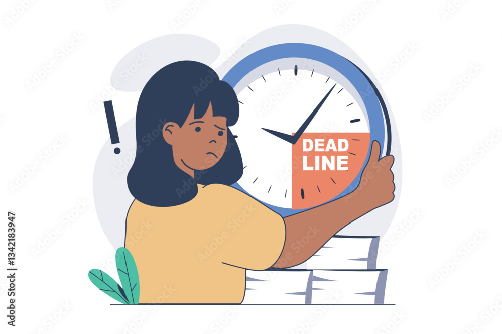 Fototapete deadline concept with cartoon people in flat design for web. woman doing urgency paperwork while tim