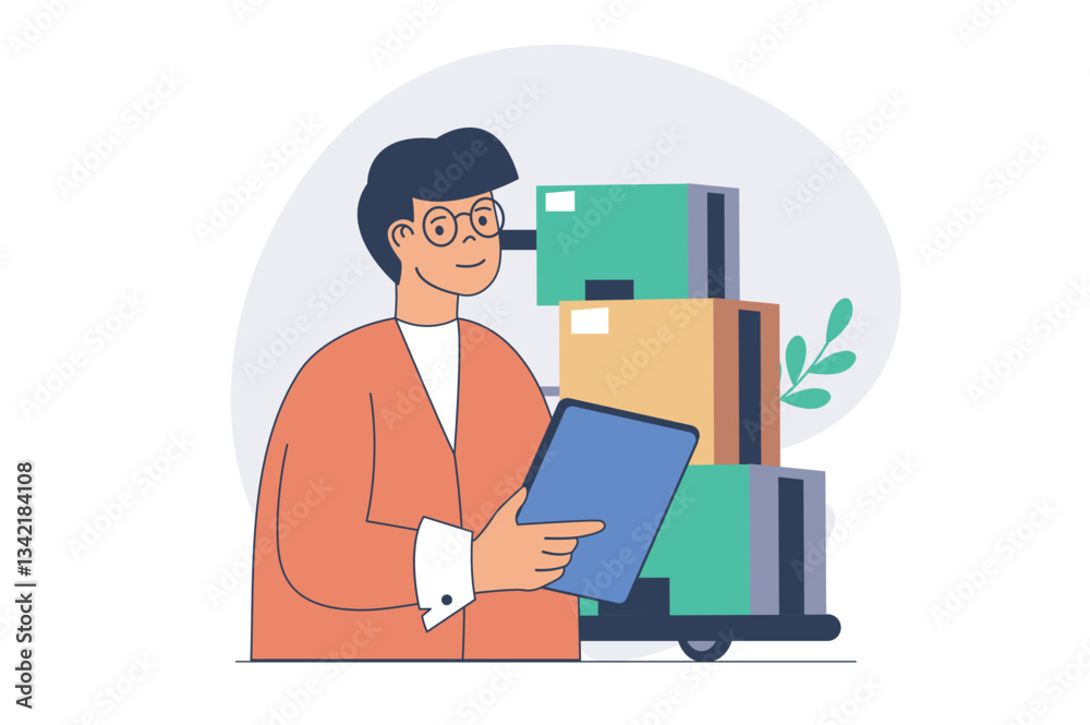 Poster delivery service concept with cartoon people in flat design for web. man working as operator in logi