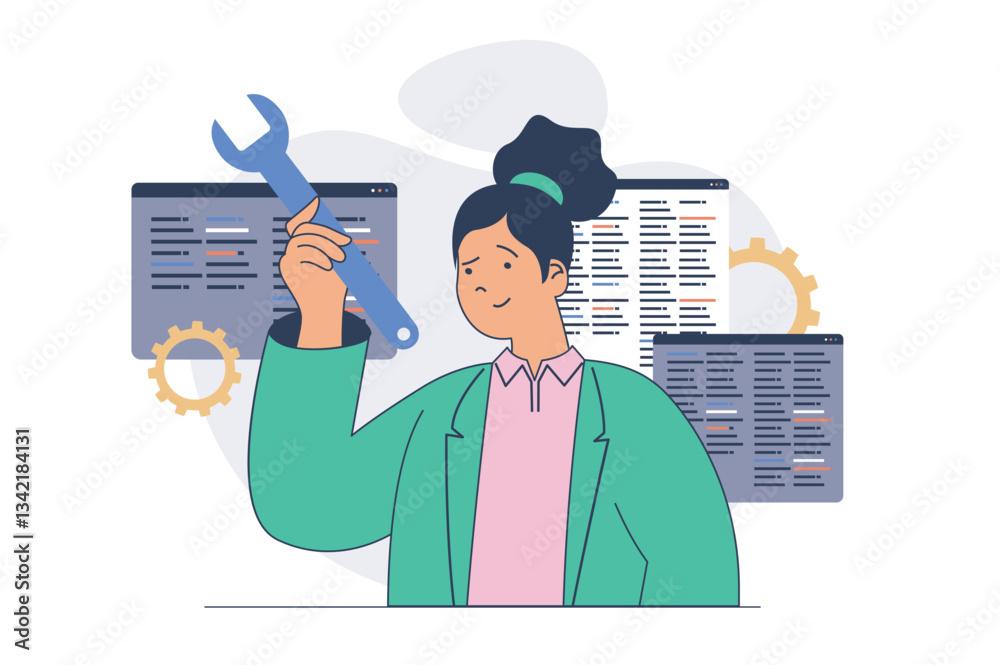 Aufkleber Development concept with cartoon people in flat design for web. Woman programming and coding, examining code and finding problems, making maintenance and testing new products. Vector illustration.
