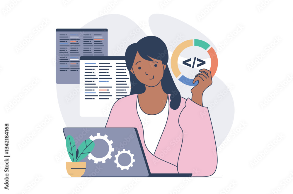Aufkleber Development concept with cartoon people in flat design for web. Woman programming and coding new products, testing programs, making quality reports with technical solutions. Vector illustration.