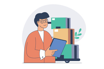 Delivery service concept with cartoon people in flat design for web. Man working as operator in logistic company, managing parcels shipment, storing postal packages at terminal. Vector illustration.