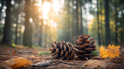 Autumn Forest Pine Cones Sunlight
