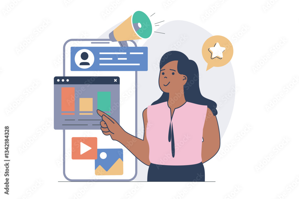 Aufkleber digital marketing concept with cartoon people in flat design for web. woman creating advertising con